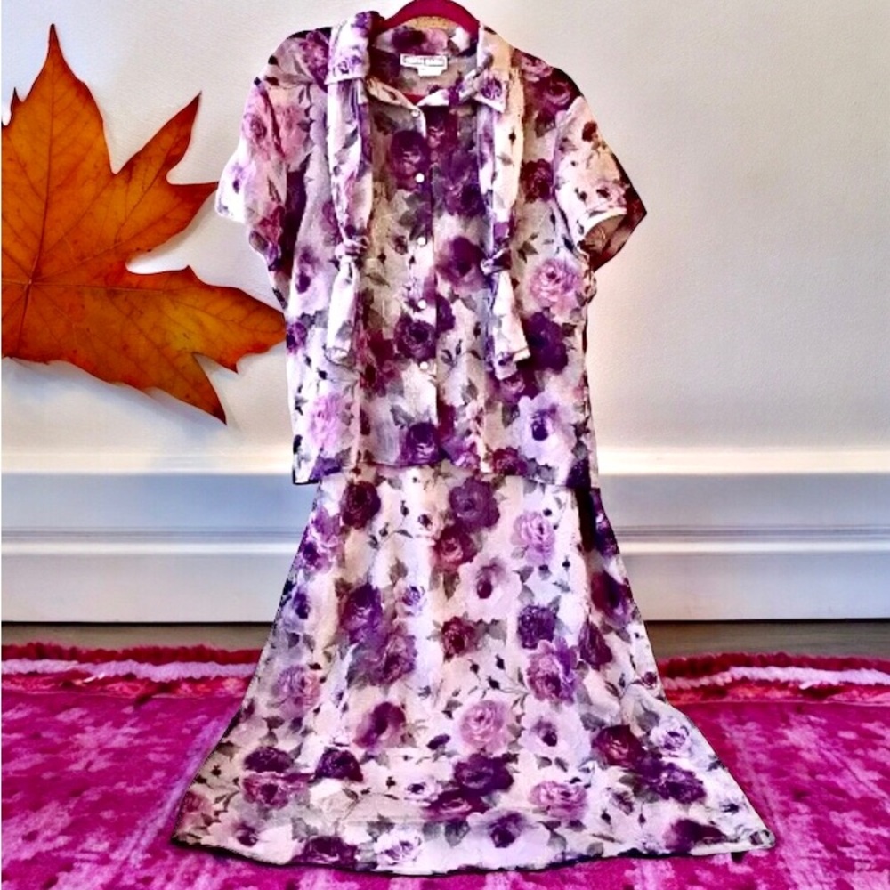 Dressbarn Vintage 90's OUTFIT Floral Skirt + Blouse Jacket + Scarf